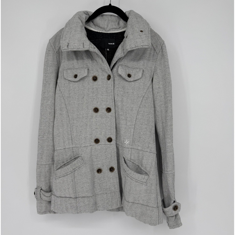 Hurley Womens Grey Herringbone Hooded Double Breasted Cotton Coat Jacket GJBFWM